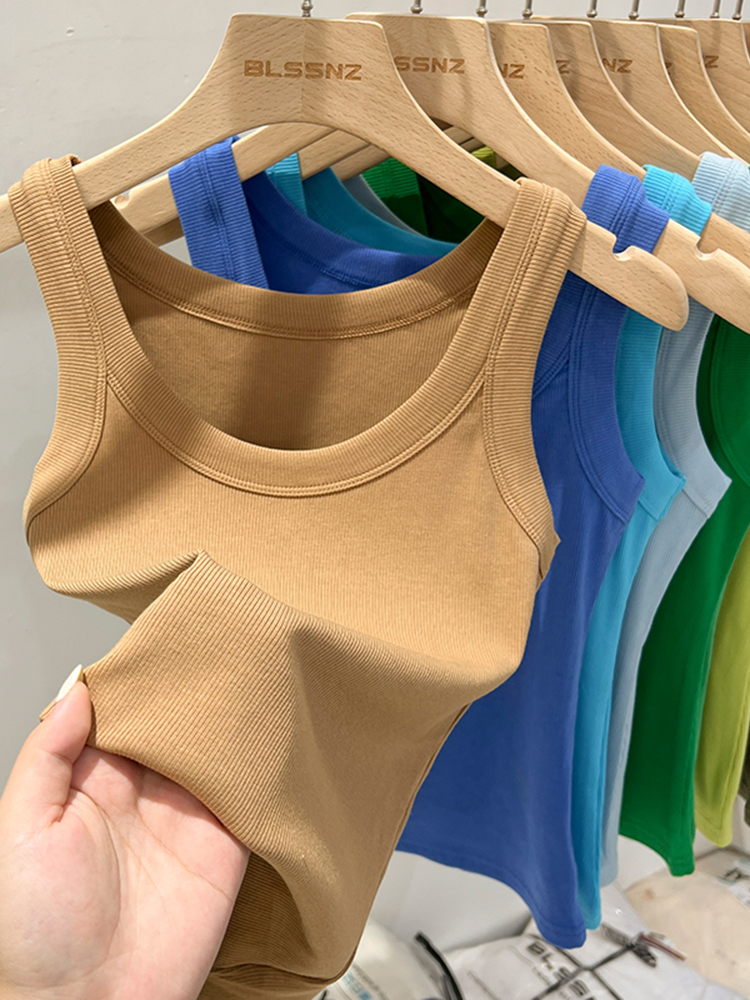 zjaiss Women Solid Round Neck Ribbed Tank Top Camisole Women Summer Basic Elastic Tank Top O Neck Solid Tank Top: M / Khaki