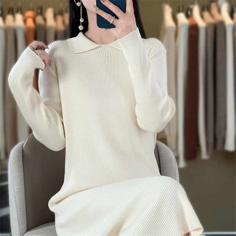 Women's boutique POIO collar long sleeved dress autumn and winter knitted cashmere sweater Women's solid color pullover long: XXL / creamy-white