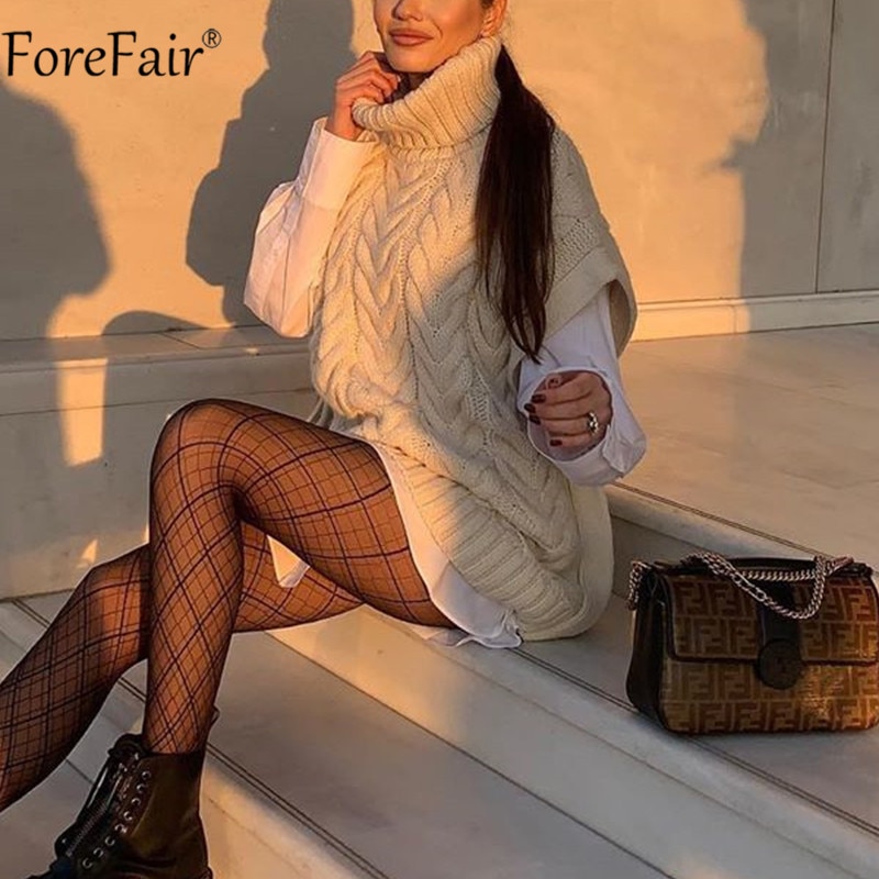 Forefair beige ärmlös polotröja kvinnor tjocka stickade axelryckningströjor lediga lösa oversized höst vintertröjor jumpers