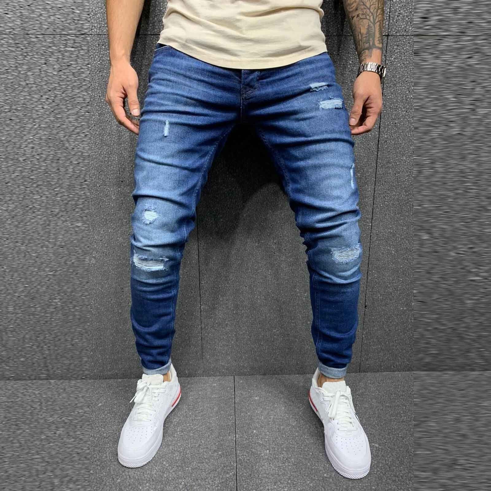 Men High Waist Striped Zipper Denim Hole Ripped Stretch Vintage Hip Hop Work Skinny Trousers Jeans Pencil Long Pants#35