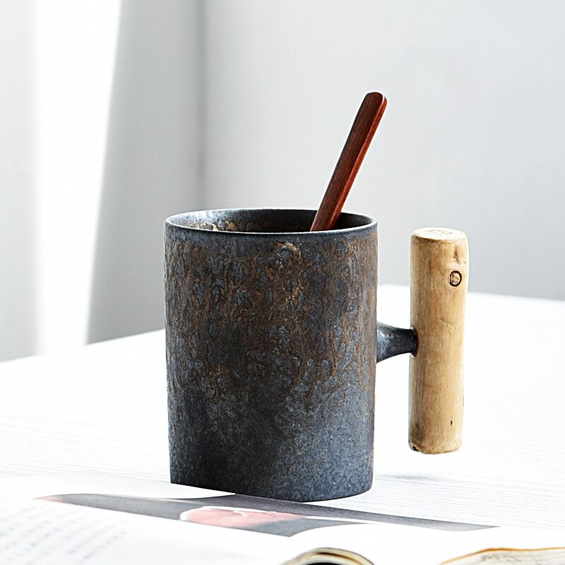 Japanischen stil Jahrgang Keramik Kaffee Becher Tee Tasse Becher Rost Glasur Büro Tee Milch Bahre Becher mit löffel Holz Griff wasser Tasse: Stil3 A