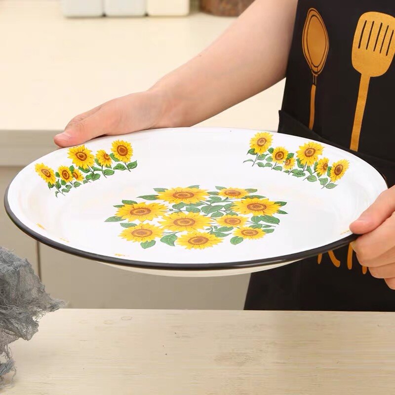 Plato grande de esmalte chino Vintage, plato de comida de fruta con patrón de rosa de girasol, contenedor, vajilla, utensilios de cocina