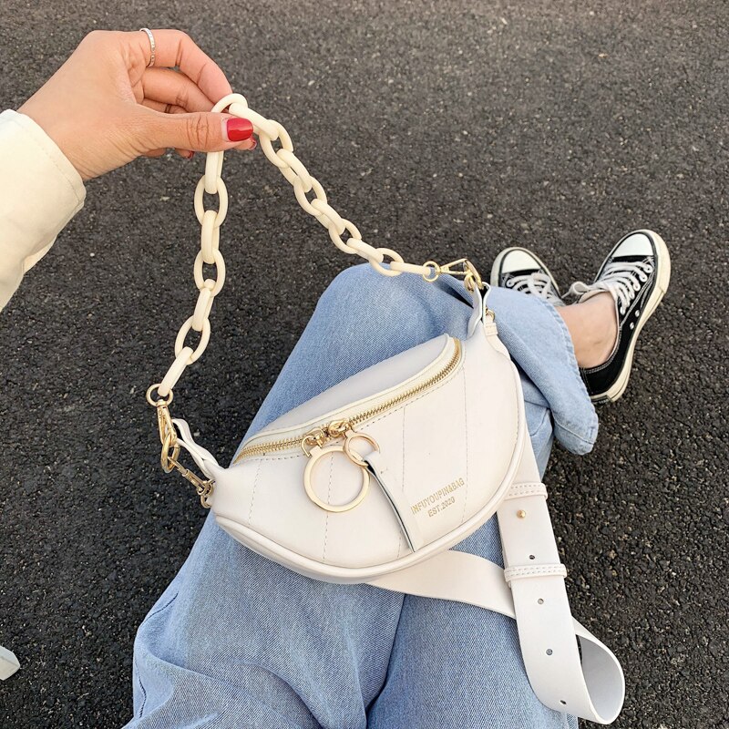 in Messenger Bag Women Hobos Letter Chains Single Shoulder Chest Pu Leather Handbag Wide Straps Day Clutches