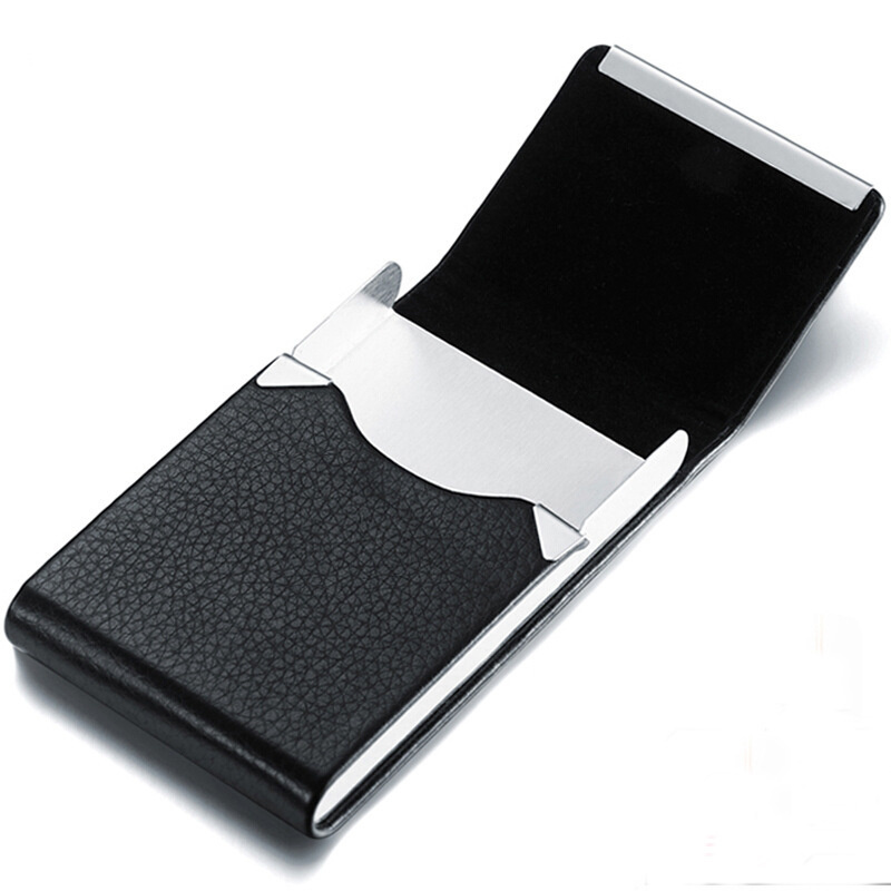 Porta-cartões de visita elegante de aço inoxidável masculino, caixa de armazenamento de porta-cartões de crédito de couro com padrão de lichia
