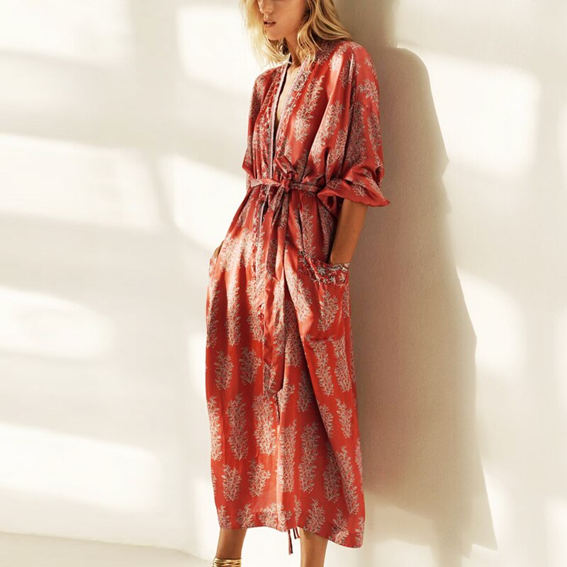 Ayualin lange ærmer kimono lange kjoler kvinder dækker vintage satin rød blomsterprint efterår vestidos boho side split robe