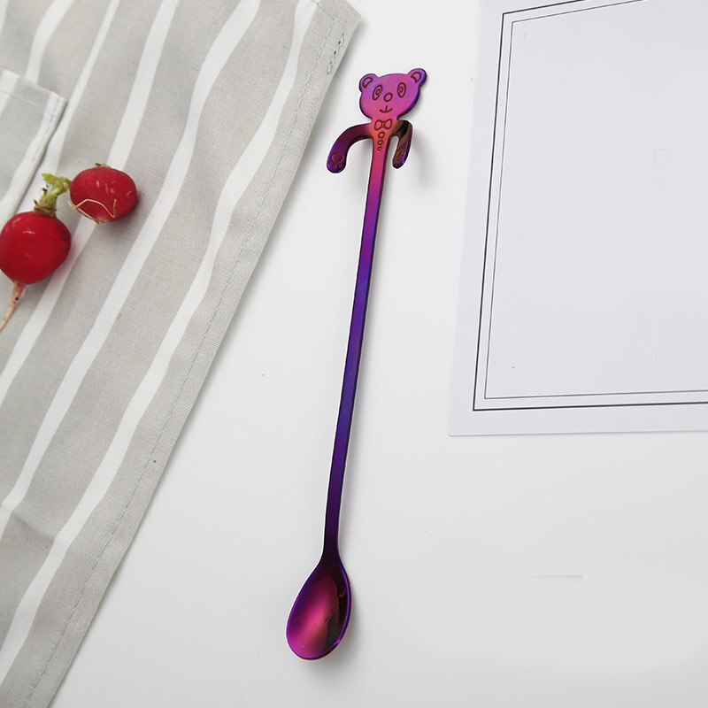 20 cm Panda lindo cuchara de café de acero inoxidable cuchara con forma de Panda cucharadita de postre de cuchara helado Mini vajilla de cucharas: Morado