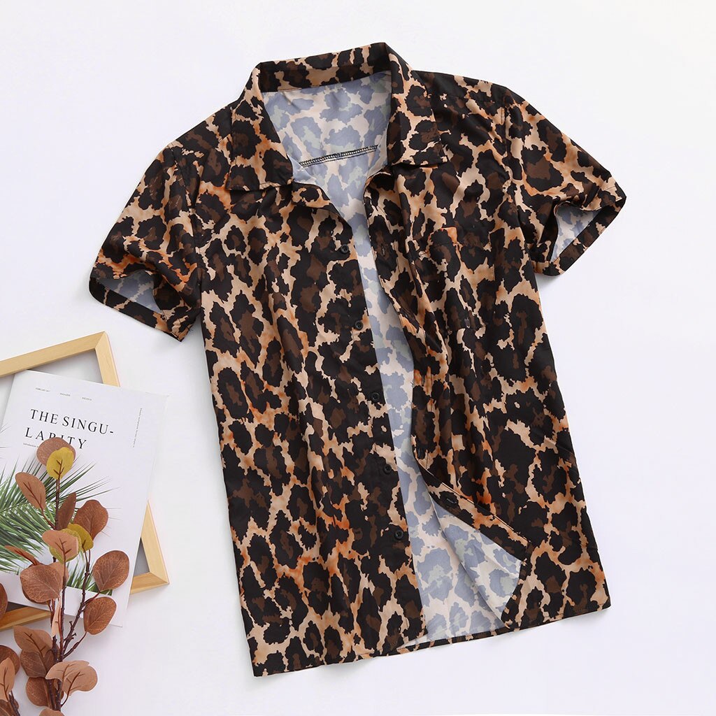 Camisas masculinas camisas masculinas camisas masculinas lapela leopardo manga curta camisa superior blusa chemise homme streetwear #622