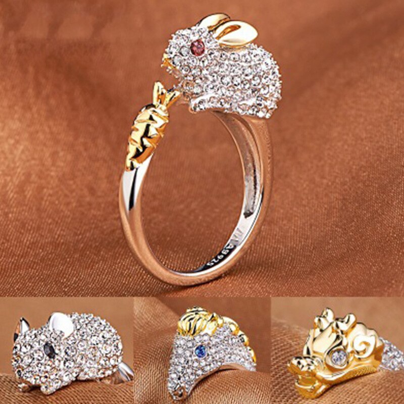 Milangirl luxe glanzende dierenring konijn/varken/draak/paard/aap/slang/schaap/tijger/hond/rat kristallen ringen voor damesmeisjes