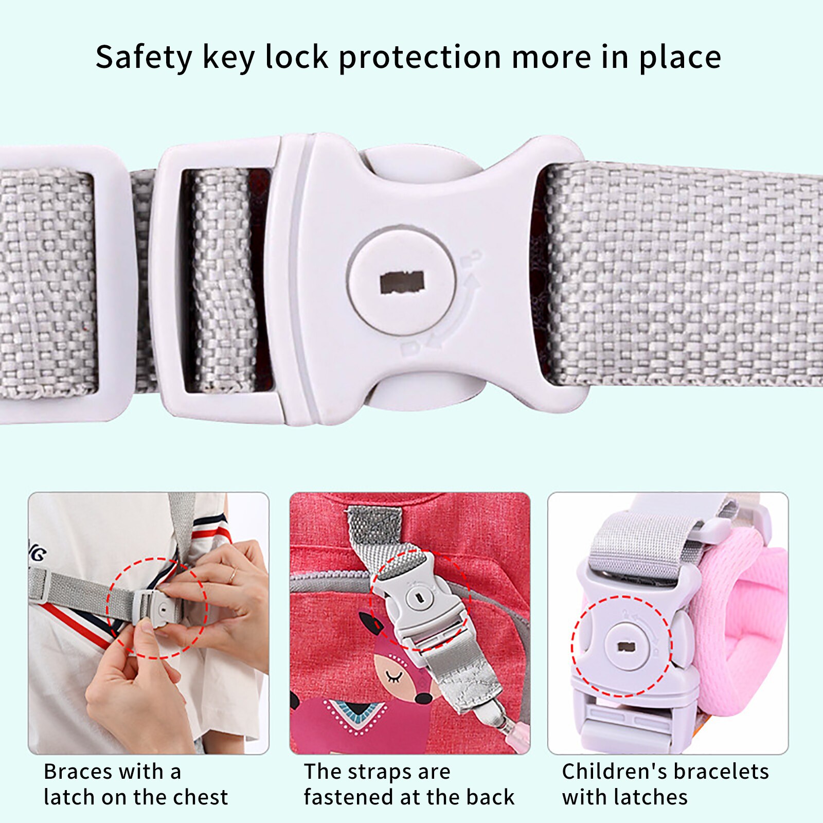 Multi-Functional Adjustable Strap Safety Lock Walking Harness Breathable 360-Degree Rotating Metal Head Child Safety Stable