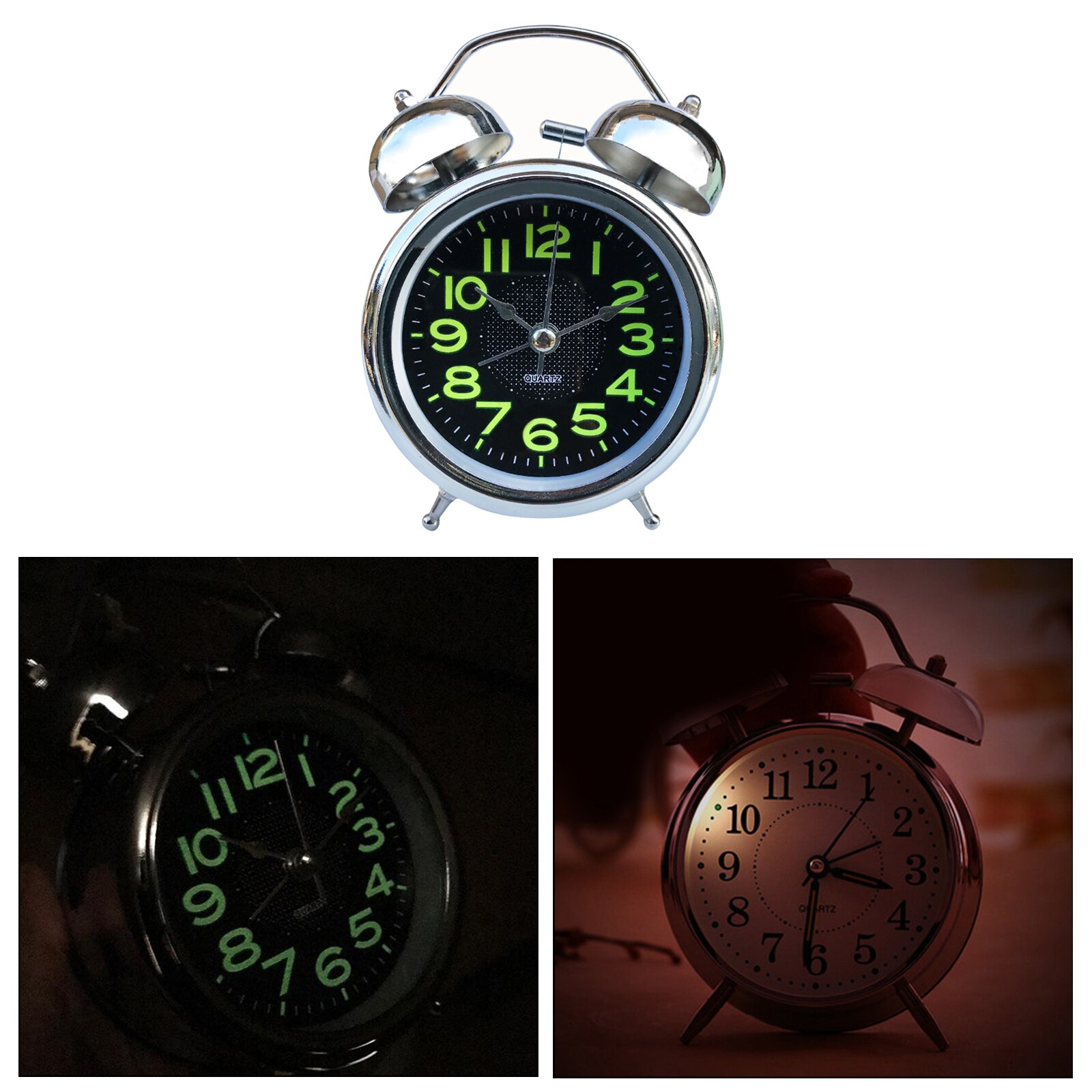3inch Classic Analog Twin Bell Alarm Clock with Night Light, Large Number,