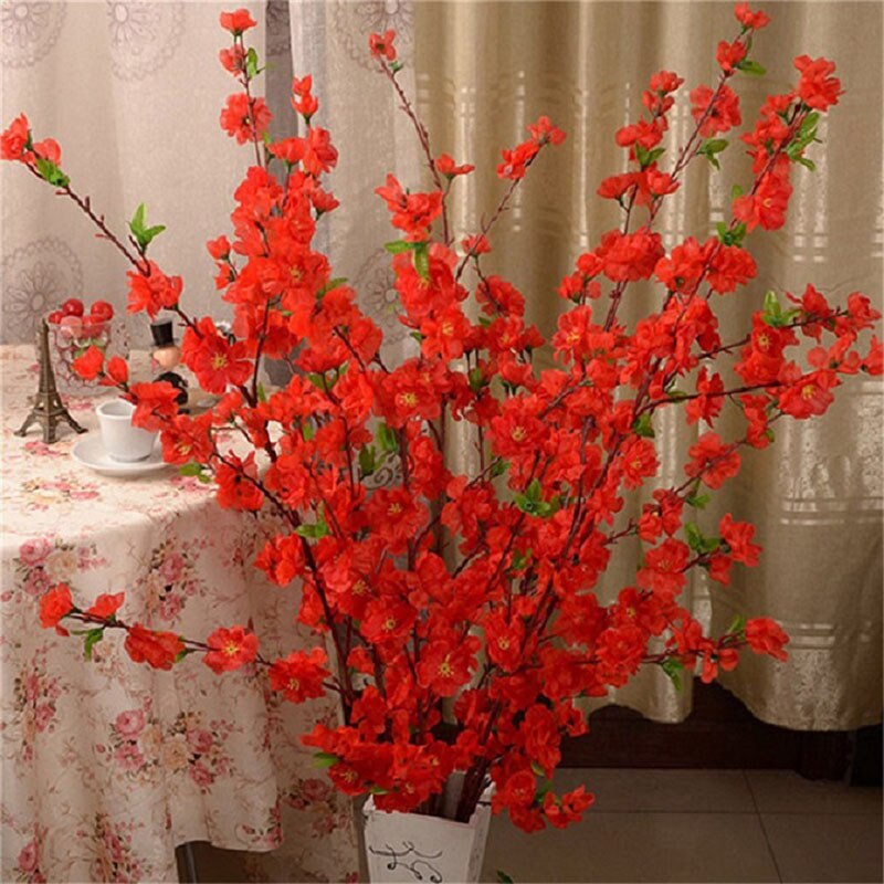 1pc 65CM Artificial Cherry Spring Plum Peach Blossom Branch Silk Flower Home Wedding Decorative Flowers Plastic Peach Bouquet: Red