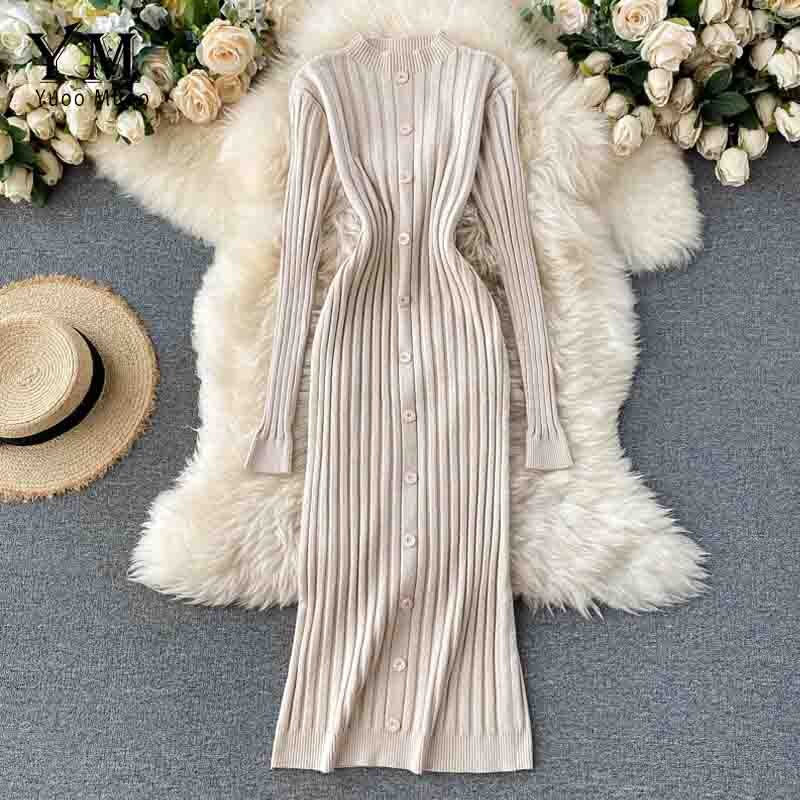 YuooMuoo French Long Slim Single-breasted Knit Long Sleeve Dress Women Autumn and Winter Bodycon Sweater Dress Vestido: Beige
