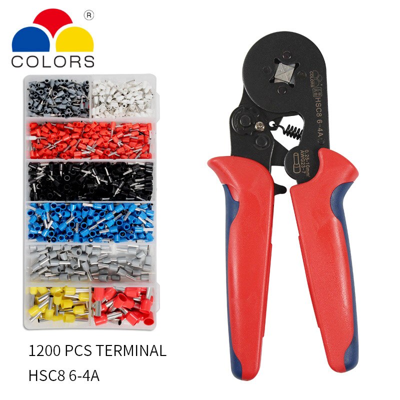 Crimper Plier Set 0.25-10mm2 self-adjustable ratchat wire crimping tool with 1200 Wire Terminal Crimp Connector Insulated: HSC8 6-4A 1200PCS