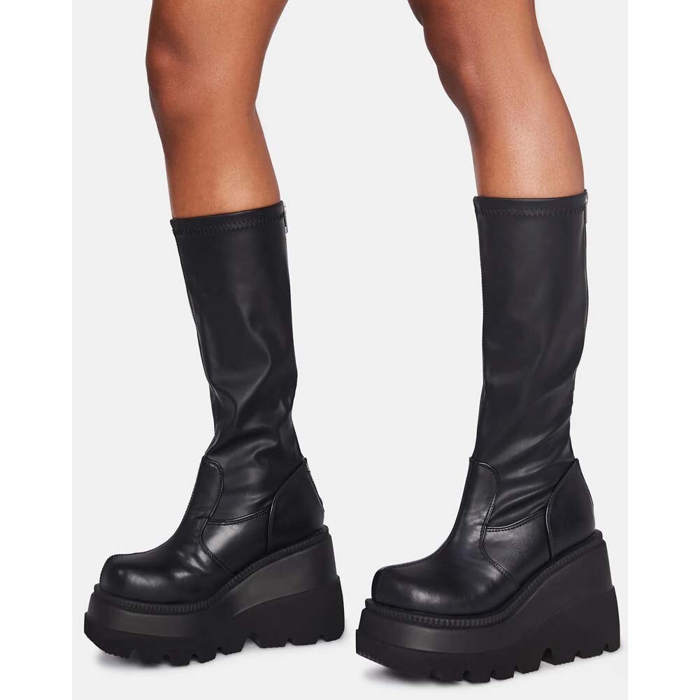 Botas hasta el muslo de cuero para mujer, botines con plataforma, cuñas de suela gruesa, zapatos guays góticos Punk, botas altas de talla 43: Black 2 / 41