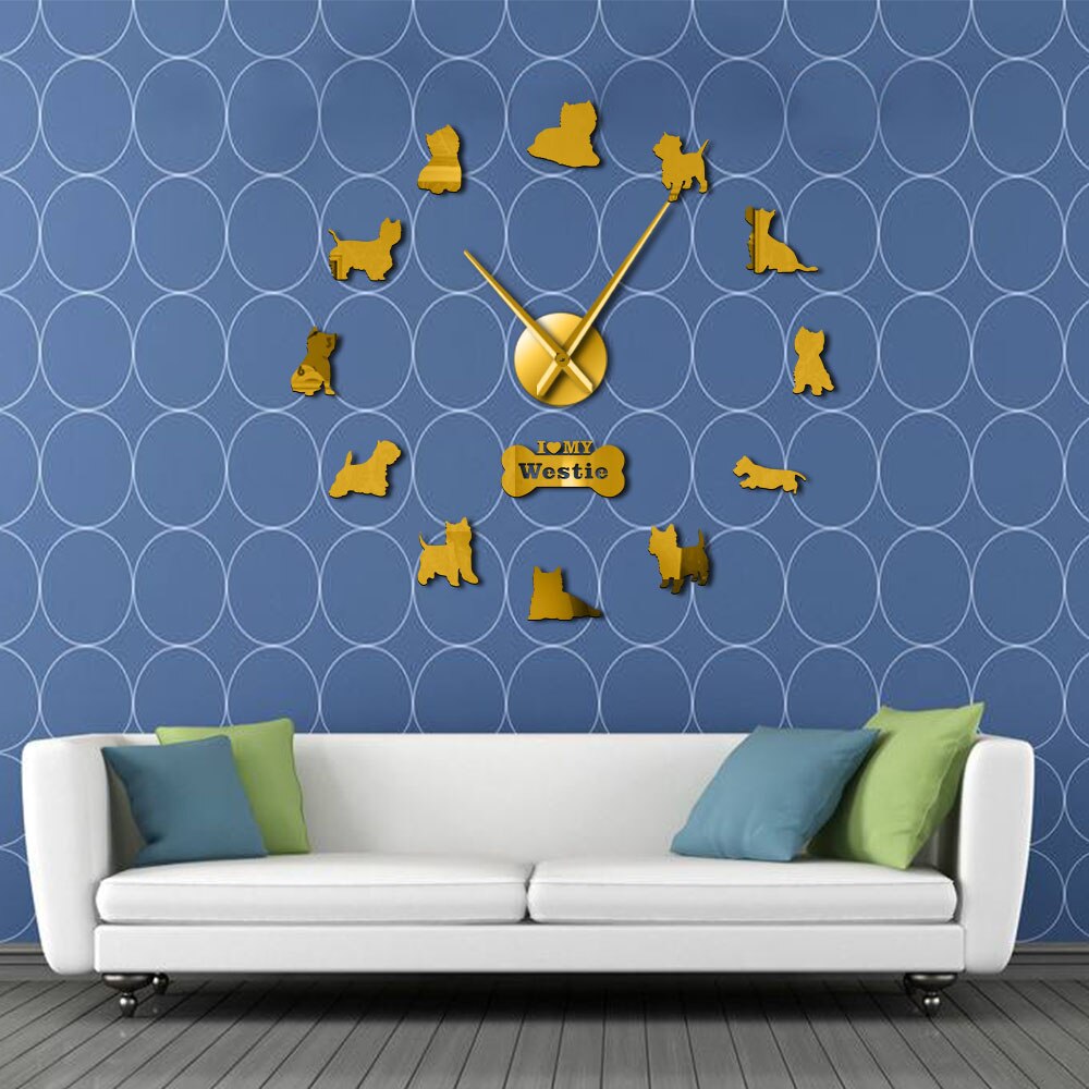 West Highland White Terrier-Reloj de pared gigante, bricolaje, efecto espejo, arte de pared acrílico, perro mascota, amo a mi Westie, reloj de pared de manos largas: Oro