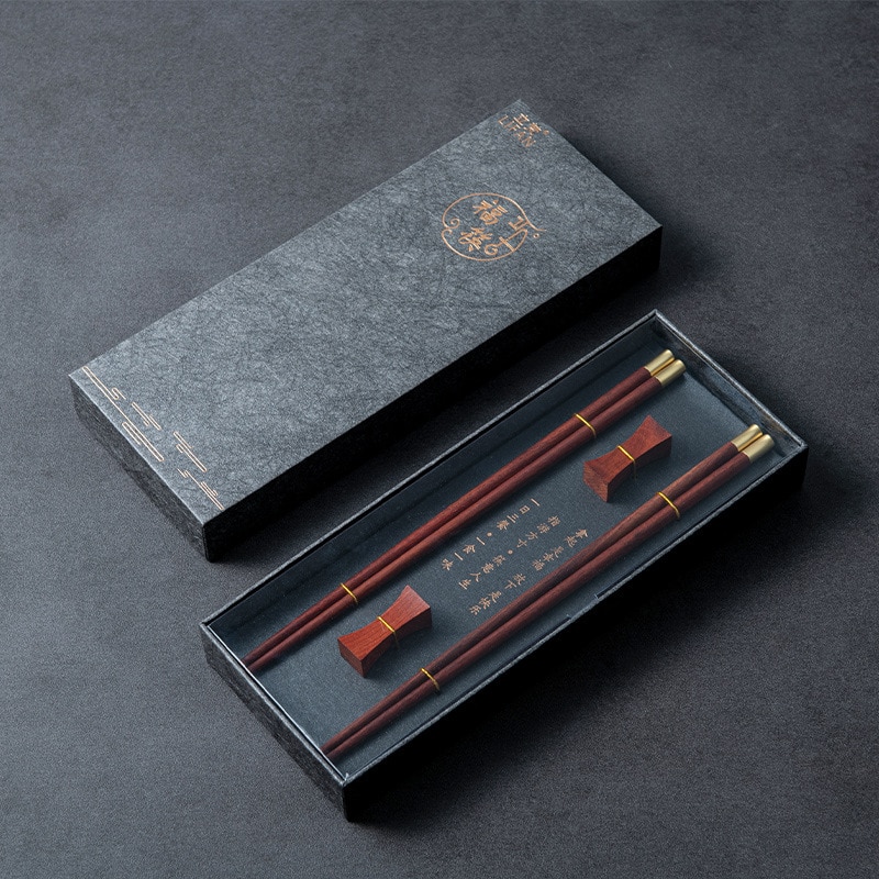 VIP Boutique Box 5 Pairs Red Sandalwood Chopsticks 5PCS Chopstick Rest Solid Wood Pure Copper&quot;FU&quot; Chopsticks Top: 2Pairs RedSandalwood