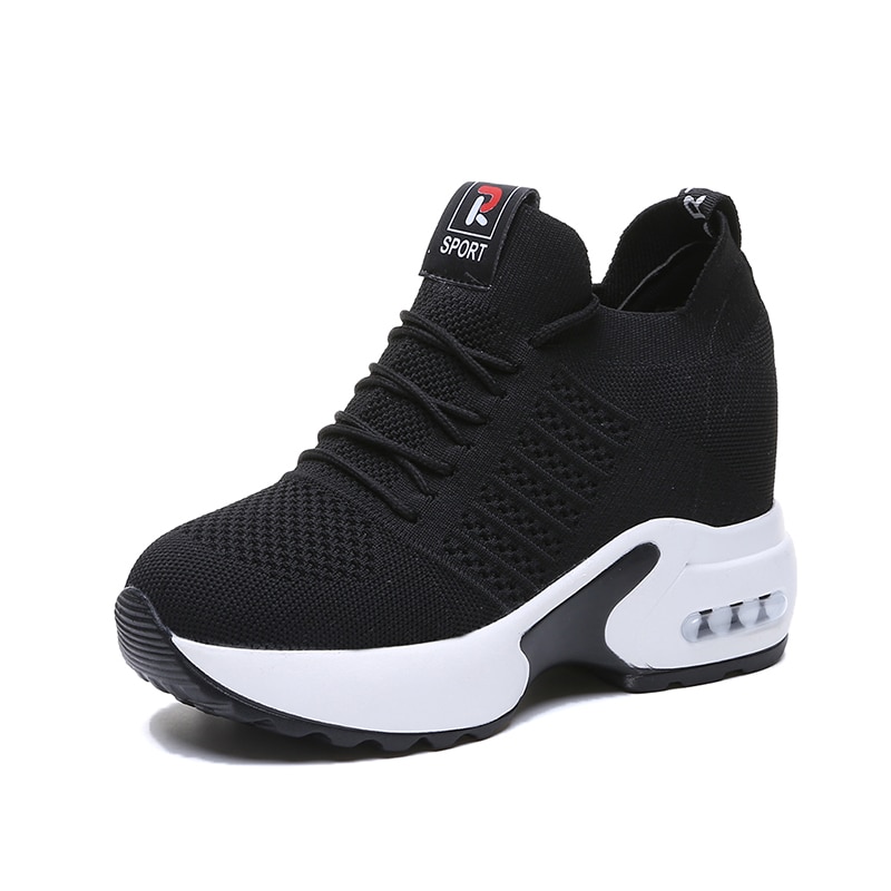 Kvinner sommer mesh plattform joggesko sneakers hvite sko 9.5cm høye hæler kiler utendørs sko pustende fritidssko kvinne