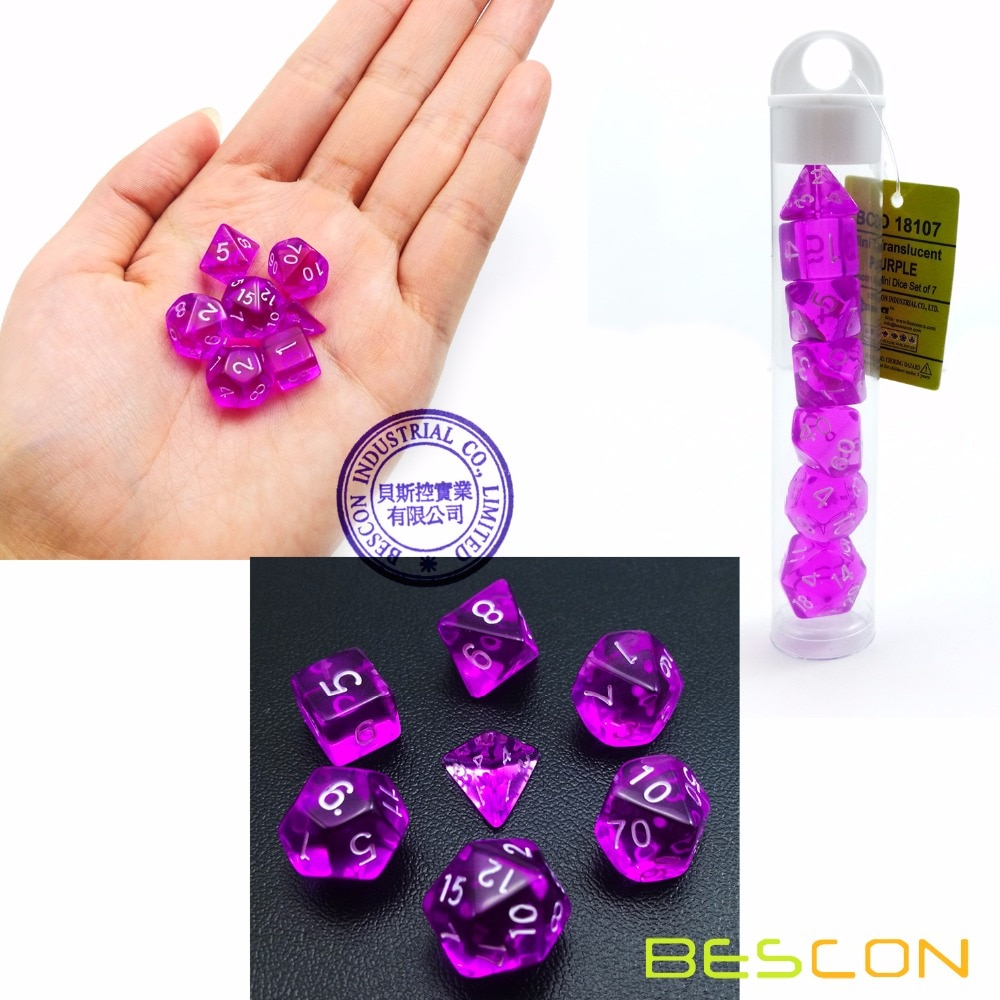 Bescon mini gennemskinnelig polyhedral rpg terningssæt 10mm,  lille rpg rollespil terning sæt  d4-d20 in rør, gennemsigtig lilla