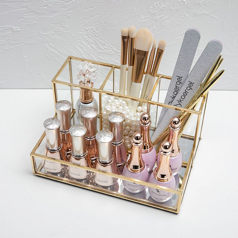 Glas makeup arrangør badeværelse kosmetisk arrangør med gylden overdækket kant blyant kasse parfume makeup værktøjer læbestift arrangør