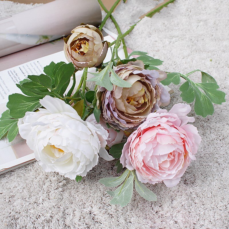 Silke pæon gren med grønne blade bryllup hotel dekoration kunstige blomster fotografering rekvisitter blomster