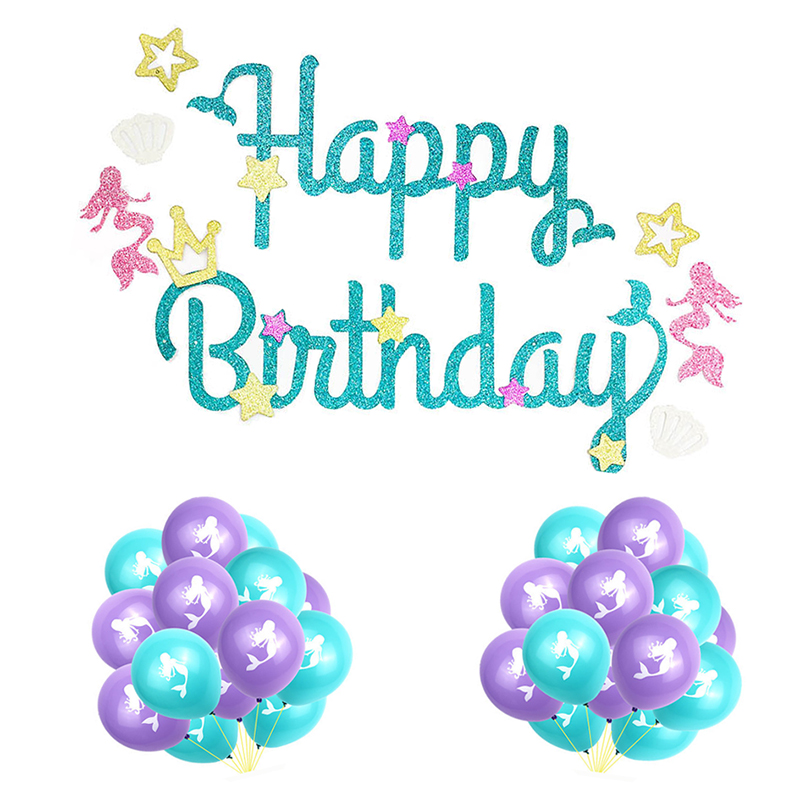 Glitter Mermaid Theme Banner Balloon Decorations Happy Birthday Birthday Mermaid Party Tiffany Blue Purple Banner Balloons