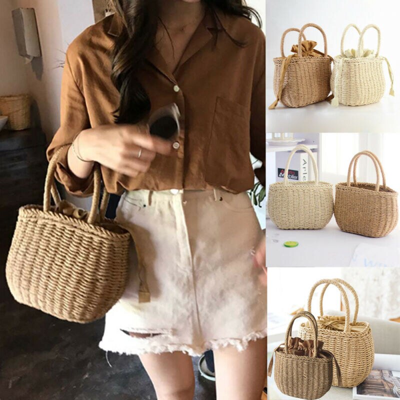 Women Straw Bag Woven Round Rattan Handbag Crossbody Summer Beach Drawstring Bags