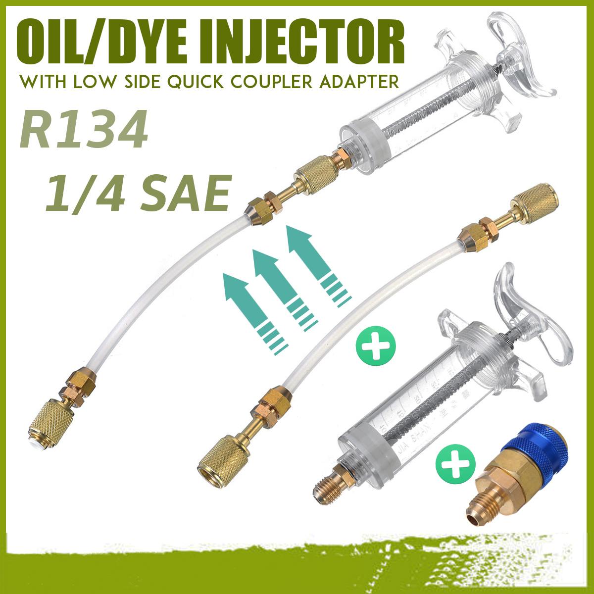 Oil/Dye Injector 30Ml 1 Oz with Low Side Quick Coupler Adapter 1/4 SAE R134 Manual Oiler A/C Oil Injector Adapter