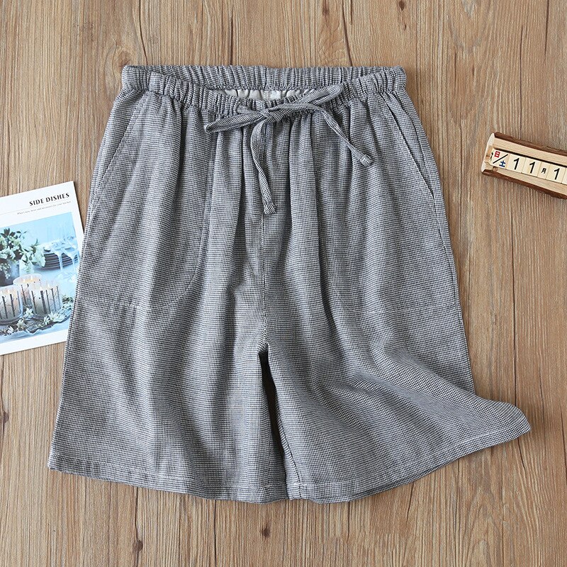 Women's Trousers Cotton Gauze Spring / Summer Thin Plaid Home Pants Loose Men Pajamas Elastic Waist Sleep Bottoms Lounge Pants: Men Cyan shorts / XL
