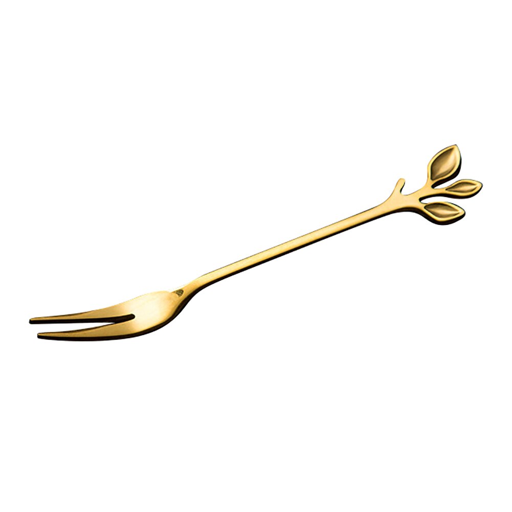 Tenedor para fruta de hoja de acero inoxidable, cuchara para mezclar café no tóxica, tenedores de cocina para fruta, cubiertos: Golden Fork