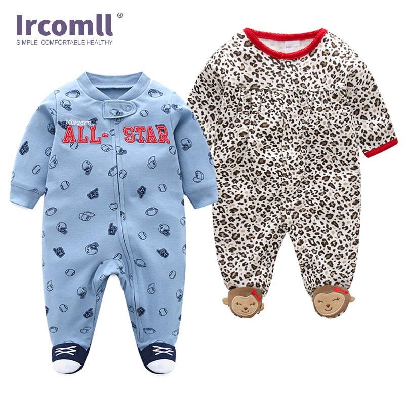 Ircomll – vêtements pour -né fille et garçon, combinaisons 100% coton imprimé léopard, chaussons pour bébé, printemps