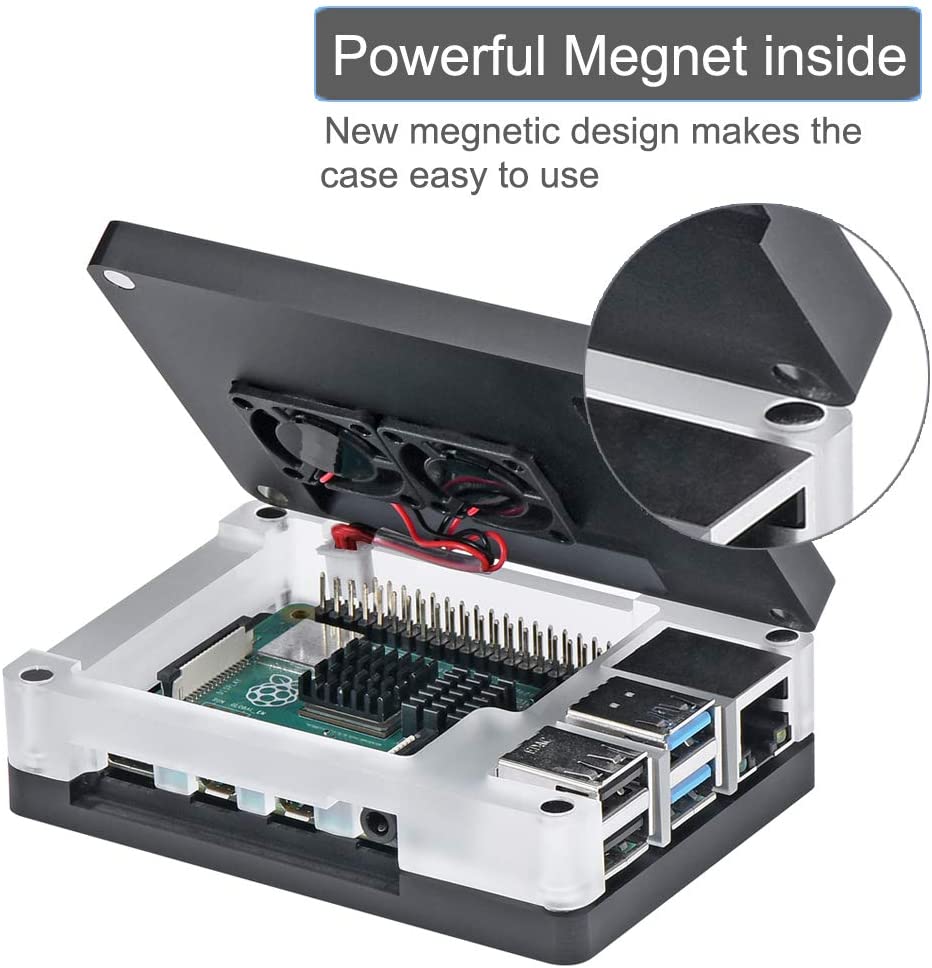 Raspberry pi 4b caso magnético 3 camadas arcylic painéis com duplo ativo ventilador de refrigeração dissipador de calor para pi 4 modelo b, preto e claro