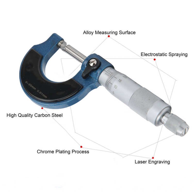 Micrometer 0-25mm Scale Outside Diameter Carbon Steel Spiral Locking Measuring Instrument Inside Micrometer Tools