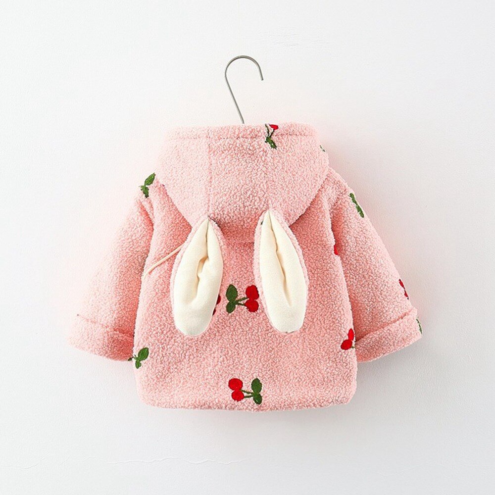 Winter Girls Kids Coat Warm Cherry Velvet Fleece Jacket Children Baby Infants Ear Hooded Thicken Outwear Casaco+Bag S11350