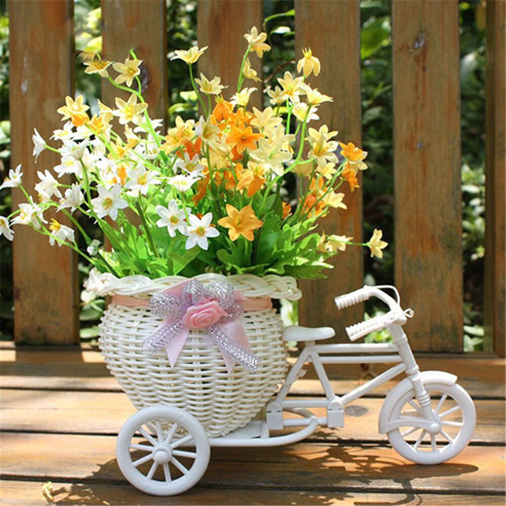 Cesta de flores en forma de bicicleta, decoración de jardín, cesta de flores de plástico blanca, de triciclo, almacenamiento, decoración de , macetas