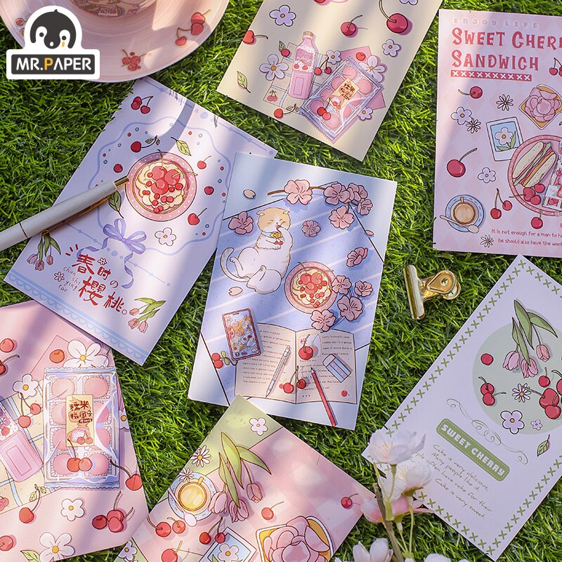 Mr.Paper 30 Pcs/box Cartoon Style Spring Cherry Series Postcards Blessing Writing Greeting Decor Collage Material