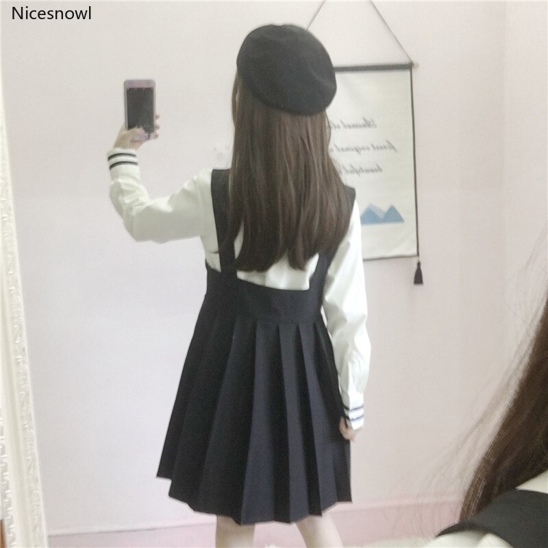 Uniforme de colegio japonés JK para mujer, camisa de manga larga, vestido de tirantes plisada, traje de dos piezas