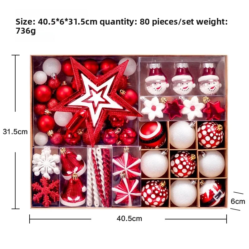 80 pçs/set novas decorações de natal árvore superior estrela bola de natal pintado caixa de presente conjunto decorações de árvore enfeites de natal: Default Title