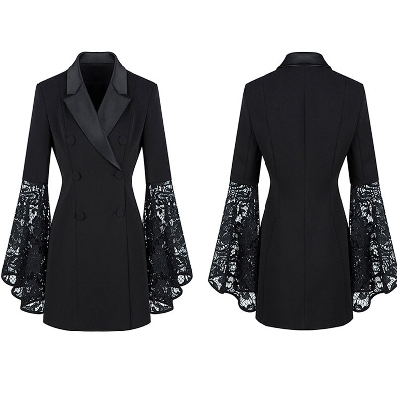Traje de chaqueta larga a la , vestido de mujer para de negocios, vestido de encaje con manga de volantes, trajes de trabajo ajustados de talla grande,