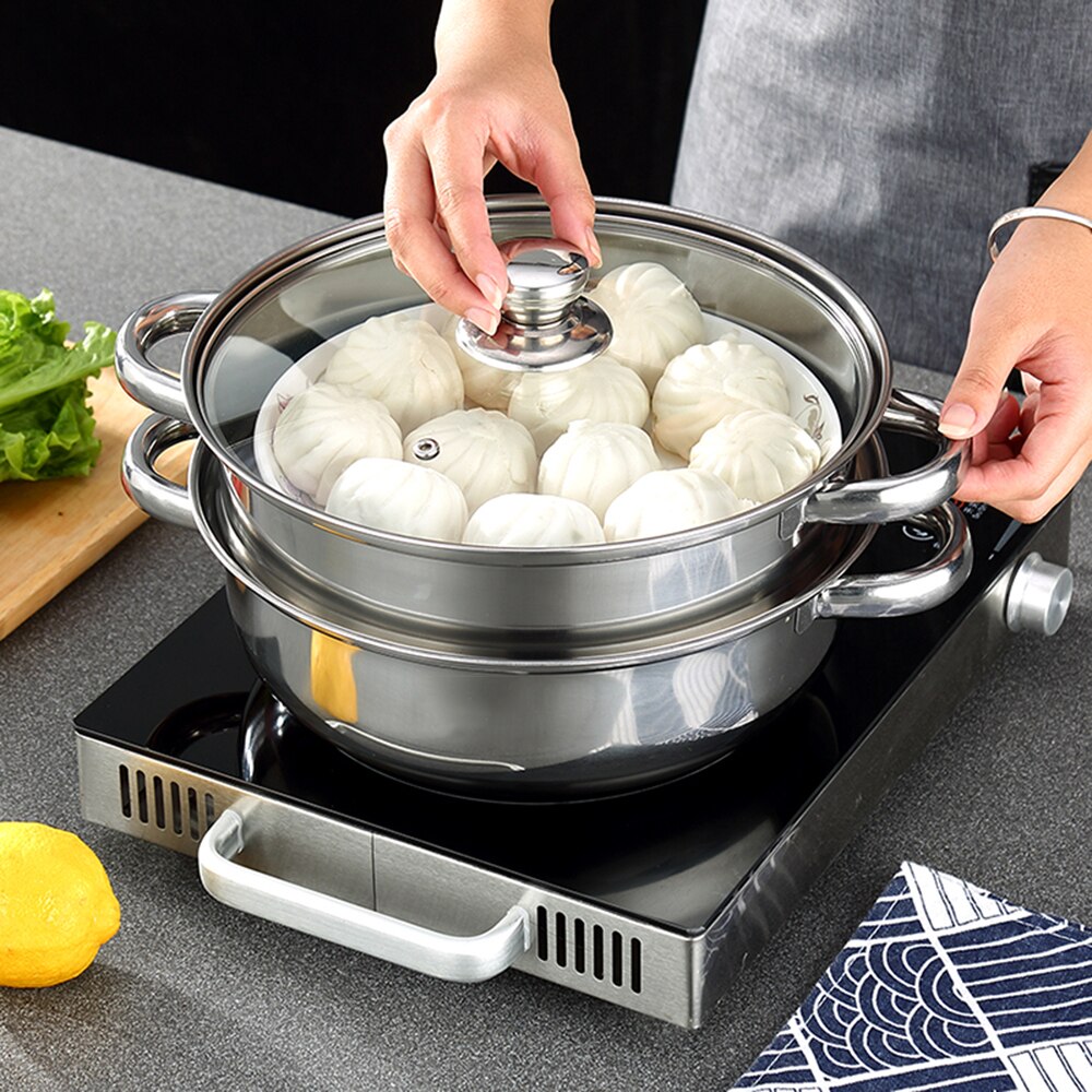 Double Steamer Boiler Stainless Steel Stack and Steam Pot Set 2-Tier Multifunction Cooker Double Boiler Soup Steaming Pot