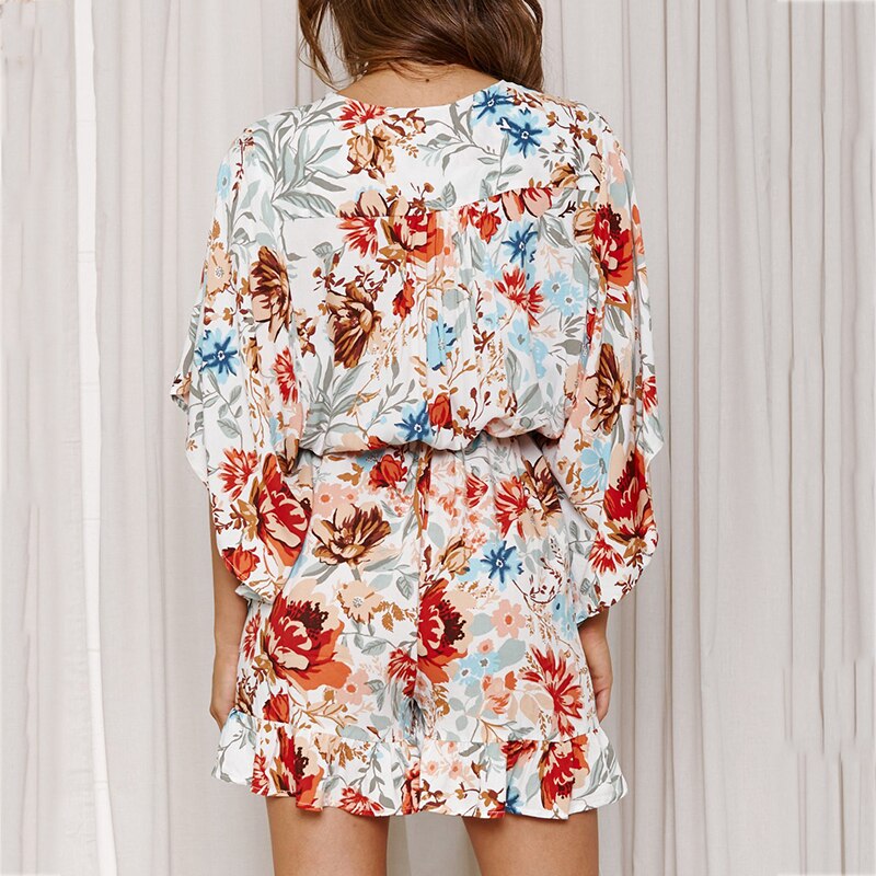 Wide Leg Floral Print Summer Boho Romper Overalls Women V Neck Batwing Sleeve Button Casual Loose Playsuits Beach