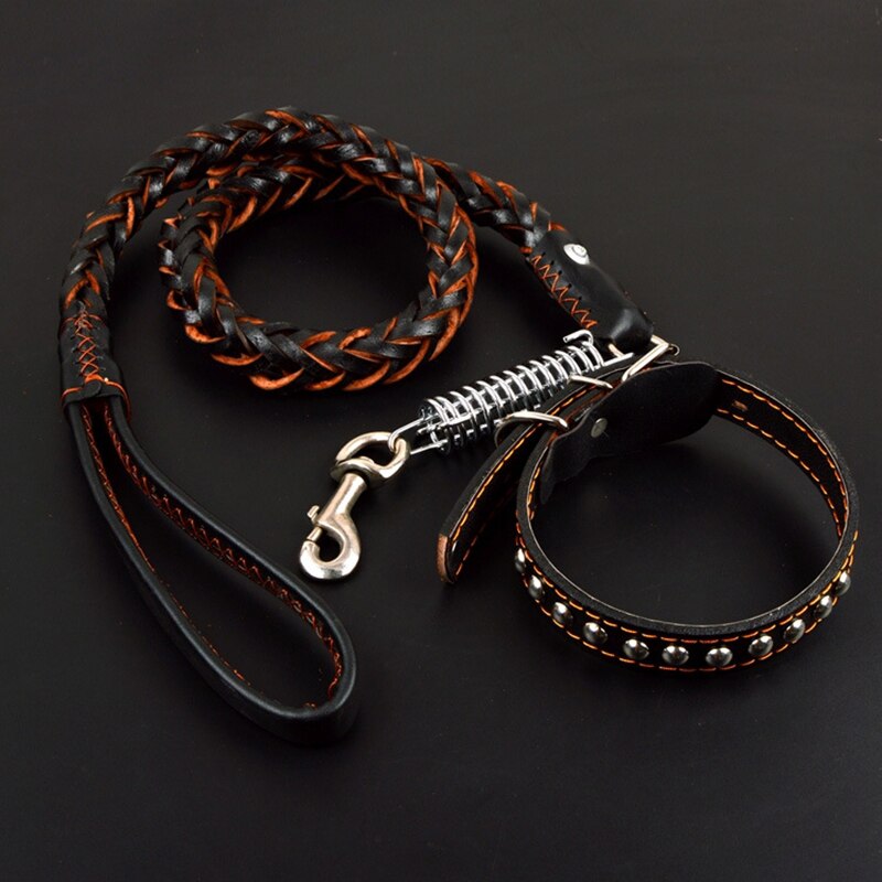 Dog Collar Spring Leather Leash Small Medium Large Dog Accessories Lead For Training Control Handle Strength Go Street Walking