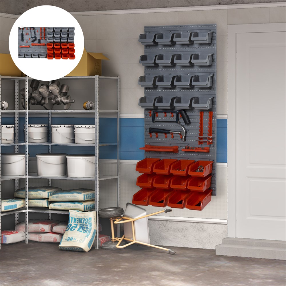 DURHAND Panel organizador de herramientas Estanterías de Almacenaje con 28 Cajas Apilables y Diferentes Gancho Gris y Rojo