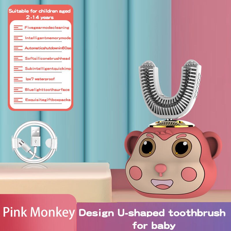 Intelligente 360-Graden Elektrische U-Vormige Tandenborstels Voor Kinderen Bevatten Automatische Ultrasone Tanden Ceaning En Whitening Auto: Pink monkey