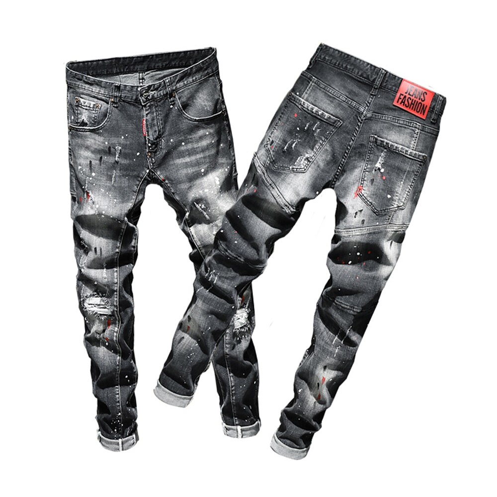 EH·MD® Ripped Hole Jeans Men's Paint Dots Ink Spla... – Grandado
