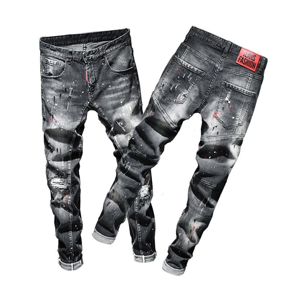 EH·MD® Ripped Hole Jeans Men's Paint Dots Ink Splattered Soft Cotton High Elastic Leather Label Black Grey Slim Pants Red Ears