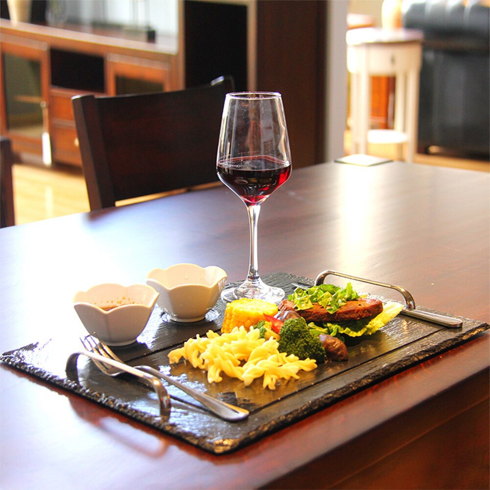 40X30Cm Steak Lade Met Cup Voet En Handvat Natuurlijke Leisteen Plaat Kaas Board Platter Lade Voor Hotel restaurant Steakhouse