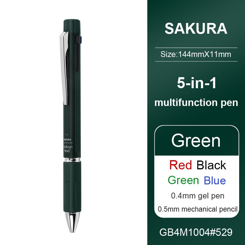 1Pcs SAKURA 5-IN-1 multi-functional color gel pen (0.5 automatic pencil + 0.4mm 4-color gel pen) low center of gravity writing: Green