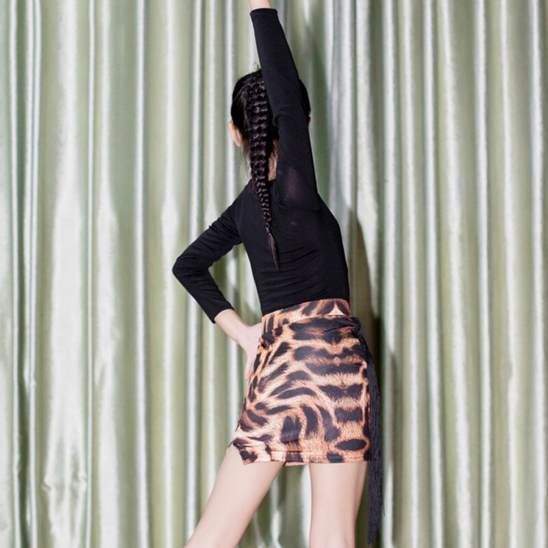 Kids Latin Dance Costumes Girls Samba Dance Dress V-Neck Long Sleeves Tops Leopard Skirt Fringe Suit Practice Wear DNV13957