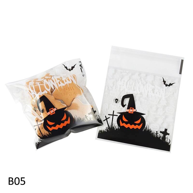 10*10cm läpinäkyvää muovia karkkipussi halloween herkkupussi keksi keksit pakkaus halloween syntymäpäiväjuhlien sisustustarvikkeet: B05 pahaa kurpitsaa / 100 kpl