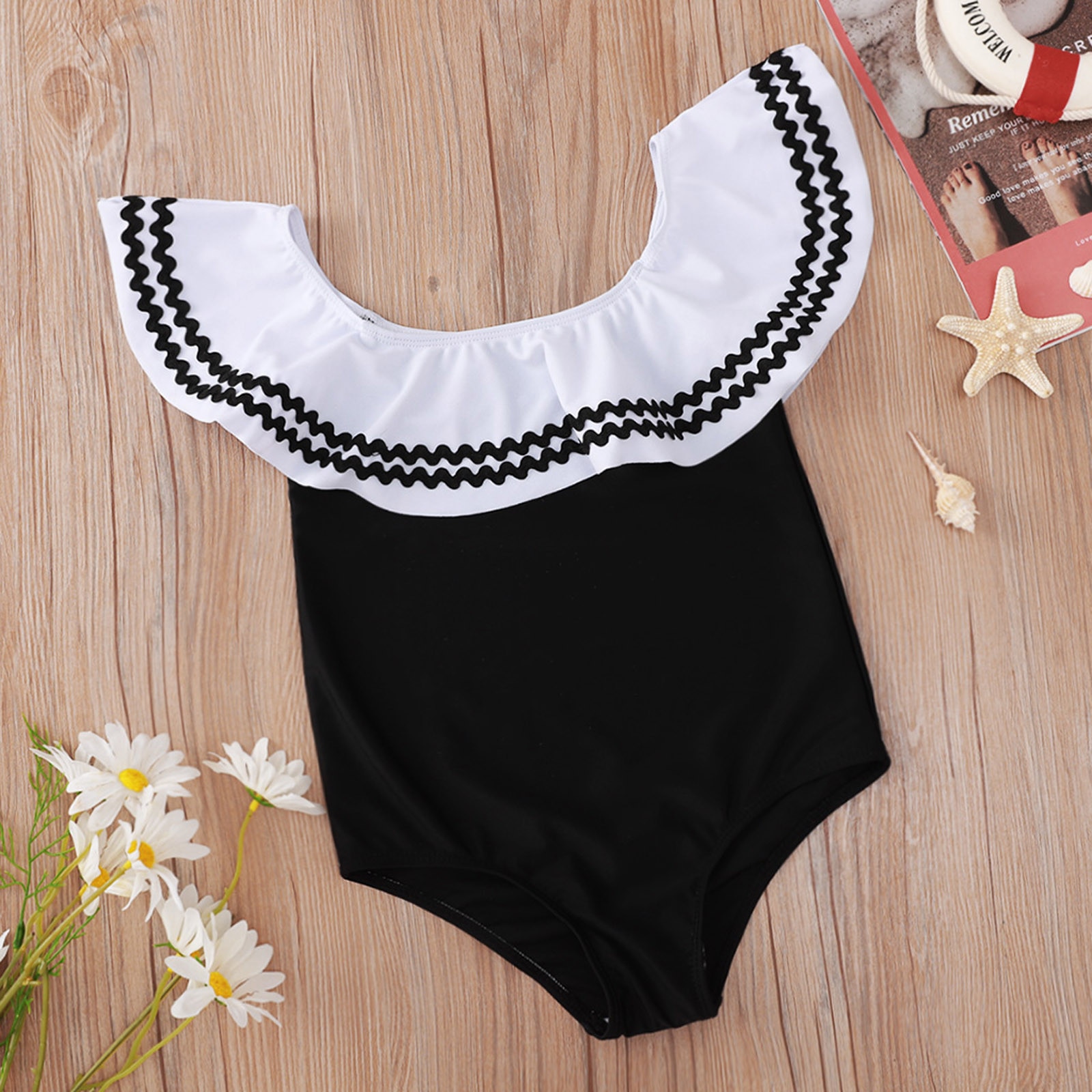 Baby Swimwear Toddler Girls Kids Swimsuit Wave Flying Sleeves Embroidery One-piece Swimsuit Traje De Baño Niña Купальник Женский